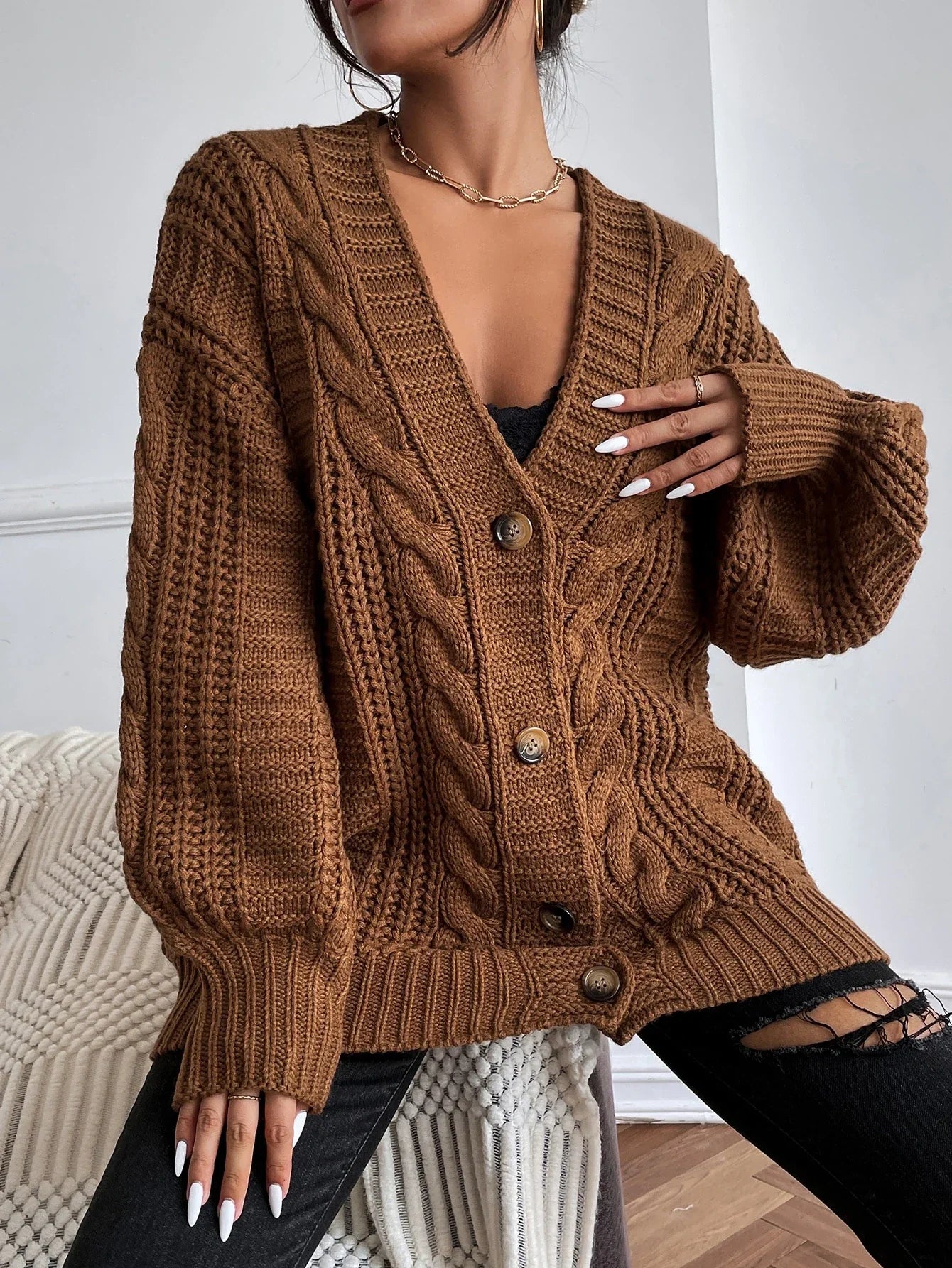 Rhonda - Hearthside Cable Knit Slouch Cardigan